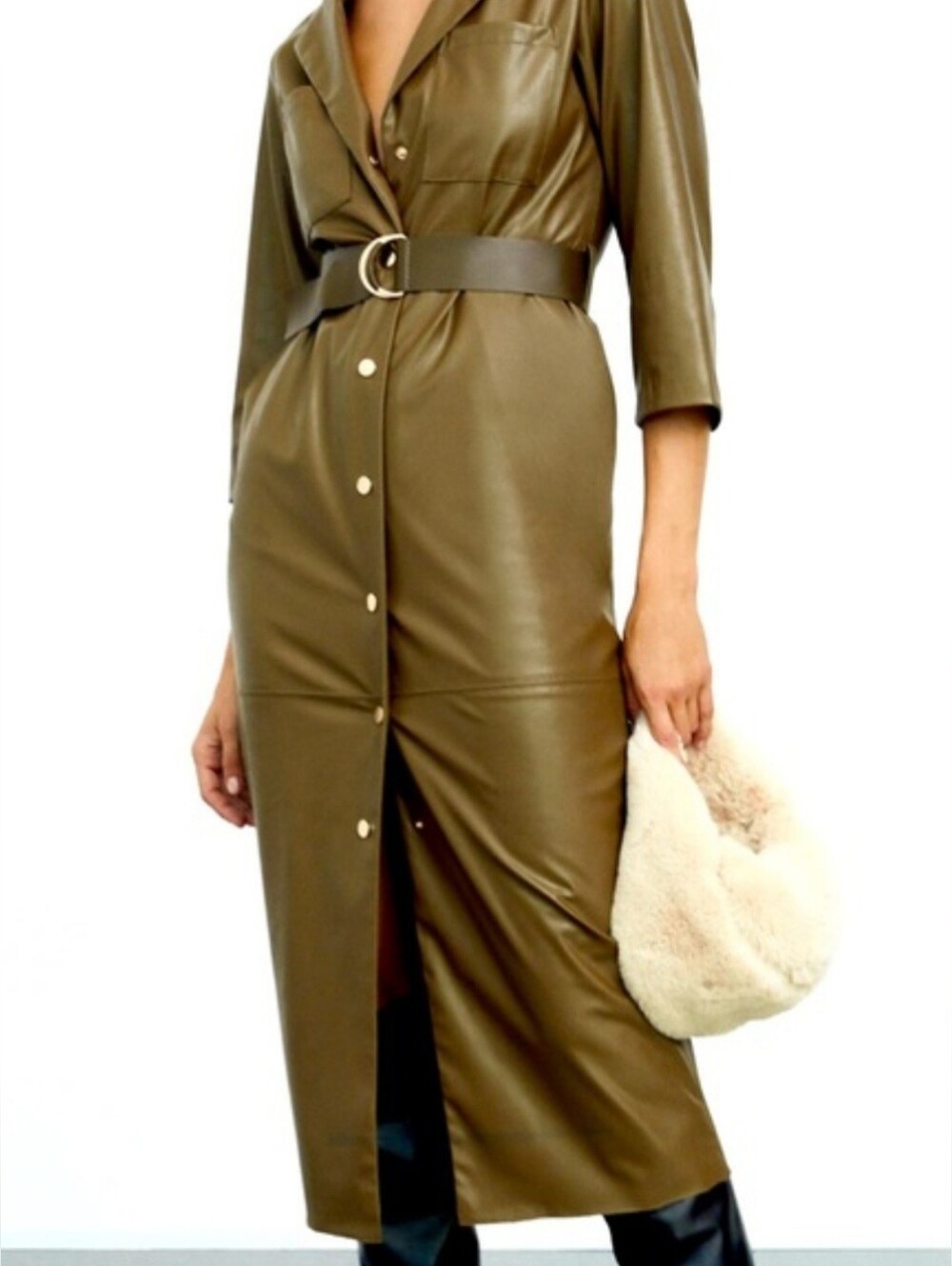 NEW Zara Olive Green Faux Leather Belted Trench Dress
